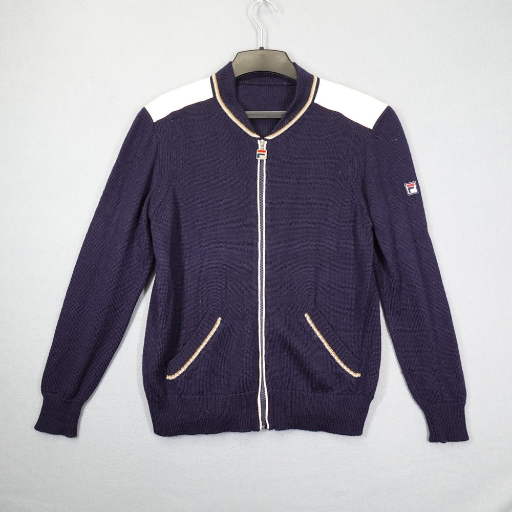 Vintage Fila Sweater Mens Small Navy Blue Full Zip Virgin Wool Made in Italy